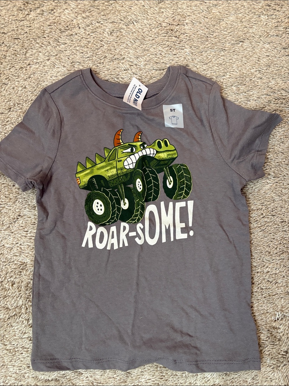 Old Navy Gray Tee with Green Monster Truck "Roar-some!" Graphic
